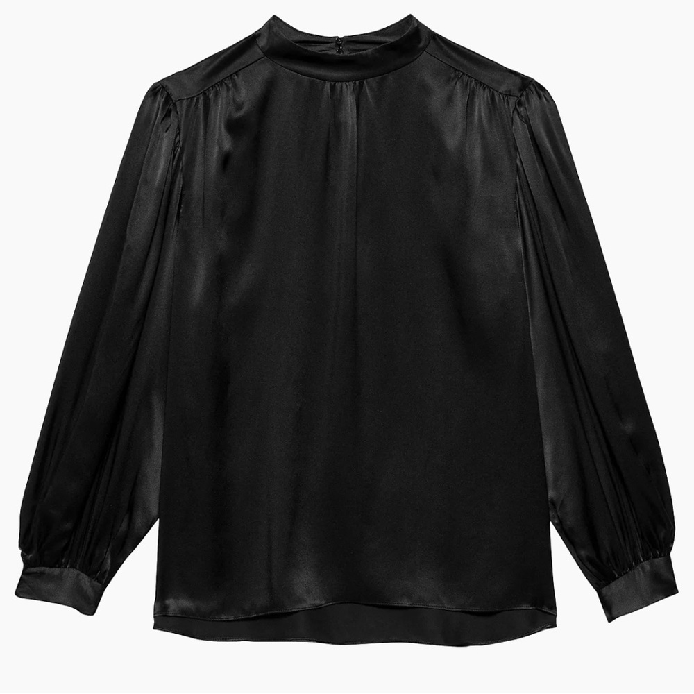 Frame shirred mock neck blouse. Size XS. Black.